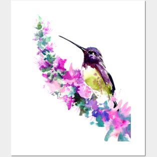 Hummingbird and Pink purple Flowers Posters and Art